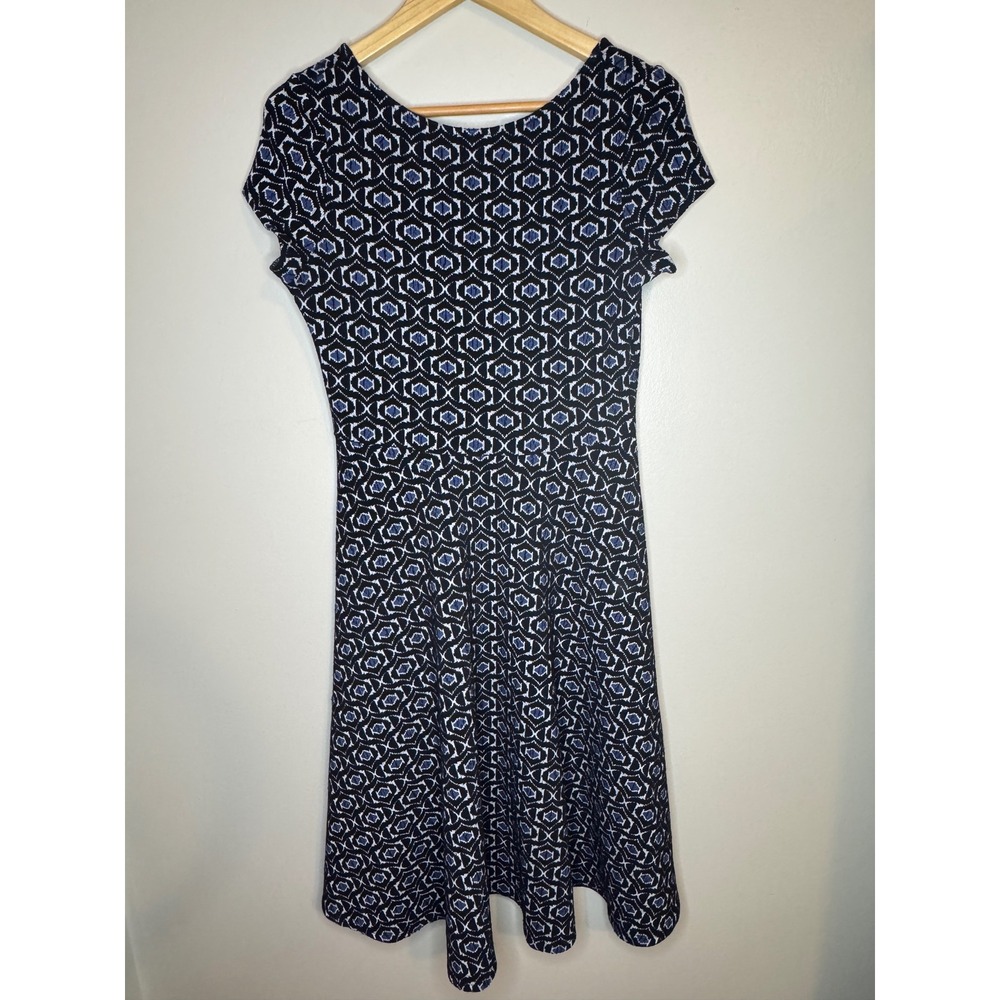 Leota Womens Blue Black Geometric Print Fit Flare Jersey Knit Dress Size M